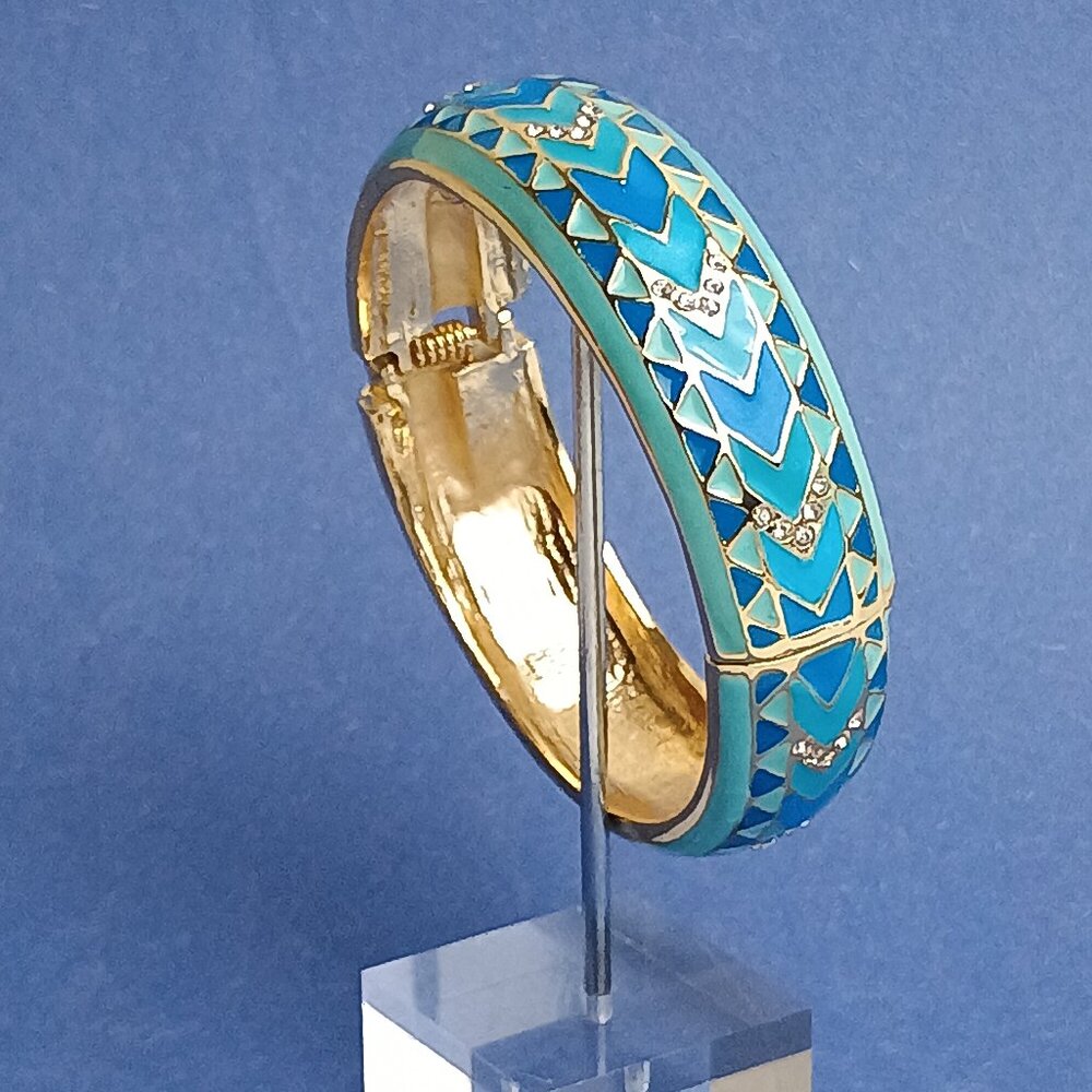 Arrow Pattern Rosco Medium Blue Enamel Bangle Cuff Hinge Rhinestone Bracelet
